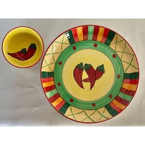 Chili Pepper Chip & Dip Bowl Set Ceramic 10in Serving Bowl Salsa Insert